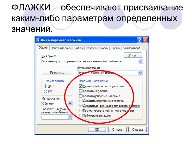 ФЛАЖКИ – обеспечивают присваивание каким-либо параметрам определенных значений.